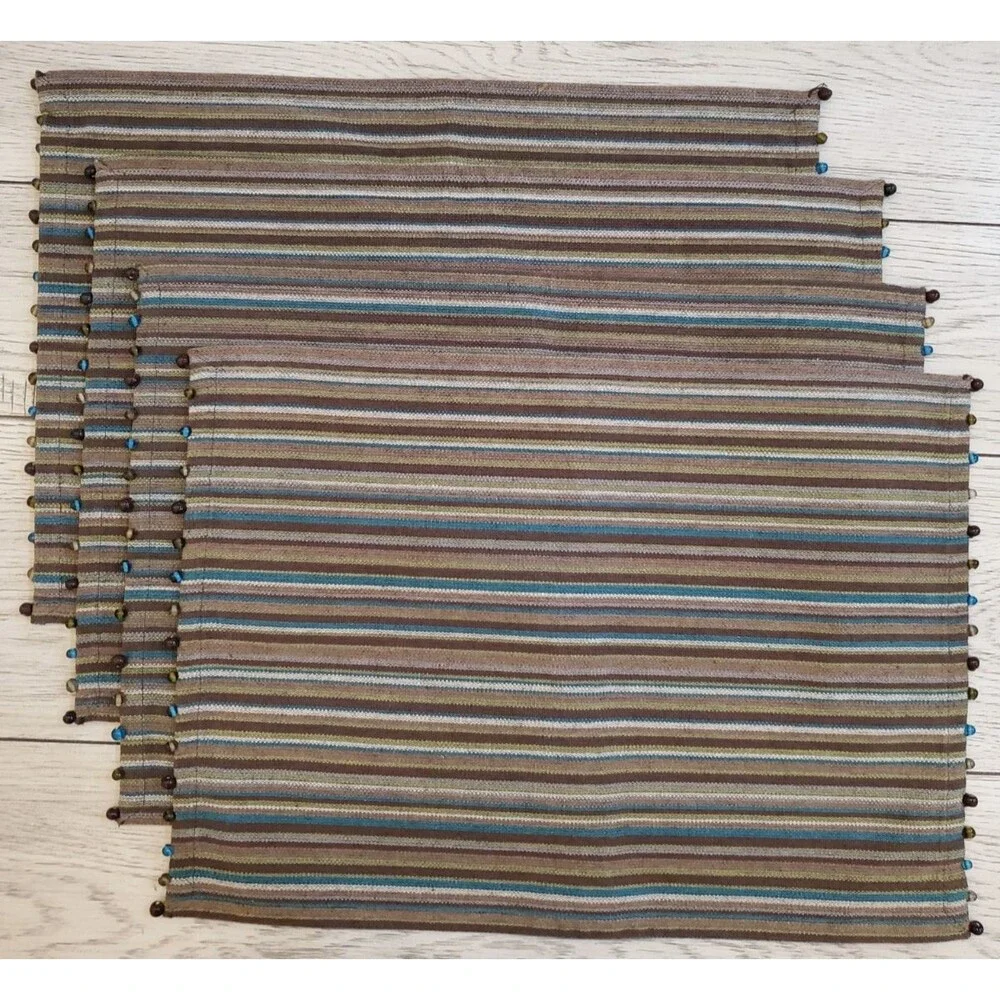 Pier 1 Imports Cotton Brown Spicy Stripe Beaded Placemats Set of 4 20